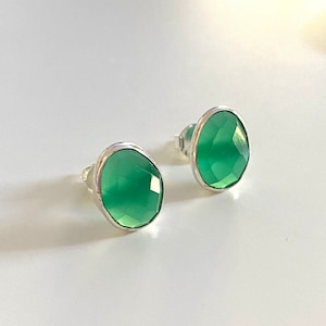 Green Onyx Sterling Silver Stud Earrings with a Faceted Organic Elliptical Shaped Gemstone