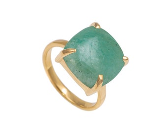 Amazonite Ring in Gold Plated Sterling Silver with a Square Shape Cabochon Cut Gemstone in a Four Claw Solitaire Setting - Vermeil Gold