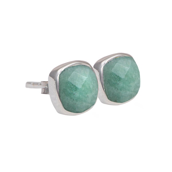 Square Amazonite Silver Stud Earrings in Sterling Silver with a Faceted Gemstone