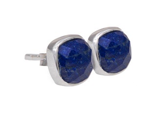 Square Lapis Lazuli Silver Stud Earrings in Sterling Silver with a Faceted Gemstone