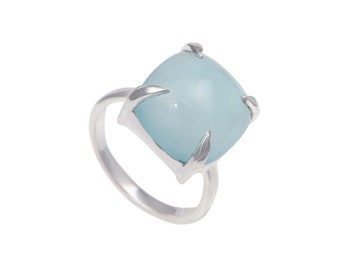 Sterling Silver Aqua Chalcedony Ring with a Square Shape Cabochon Cut Bold Gemstone in a Four Claw Solitaire Setting