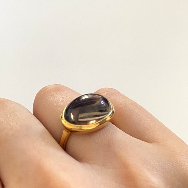 Cabochon Oval Cut Natural Smoky Quartz Gemstone Gold Plated Statement Solitaire Sterling Silver Ring