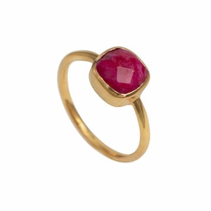 Faceted Square Cut Natural Ruby Quartz Gemstone Gold Plated Sterling Silver Stackable Solitaire Ring