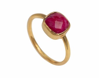 Faceted Square Cut Natural Ruby Quartz Gemstone Gold Plated Sterling Silver Stackable Solitaire Ring