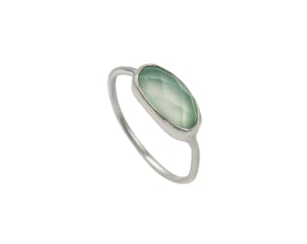 Faceted Oval Cut Natural Aqua Chalcedony Gemstone Sterling Silver Fine Band Stacking Ring