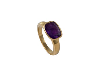 Amethyst Statement Solitaire Gold Plated Sterling Silver Stacking Ring with a Faceted Rectangular Cut Natural Gemstone