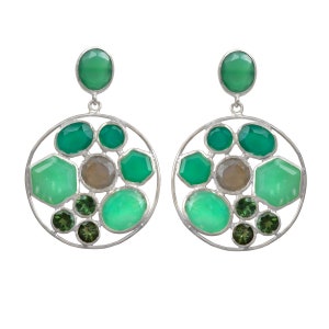 Long Gemstone Earrings with a Round Disc Drop with Stones in Sterling Silver - Green Chalcedony, Green Onyx, Labradorite