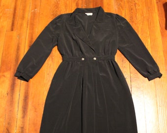 Vintage 1980s Black Pleated Knee Length Dress with Lapels by Melissa Petites - no size 15" Waist Little Black Dress LBD 80s 1990s size 10