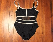 Vintage 80s 90s Black with White Piping and Mesh Midriff One Piece Bathing Suit size 12 by Concepts Sirena Both Stomach Bands are Mesh