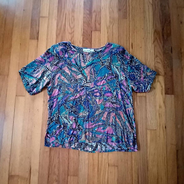 Vintage Colorful Abstract Loose Fitting Oversized Blouse size small by Casual Studio / triangles zig zag dots