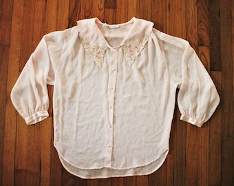Vintage Light Translucent Pink Long Sleeved Button Up Polyester Blouse with Scalloped Collar and Beaded Roses by Etienne