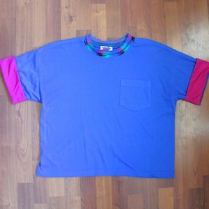 Vintage Blue and Red Short Sleeved Roll Up Sleeves with Green on Collar size Large by 62 West