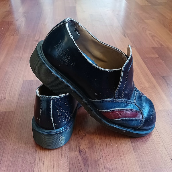 RARE Vintage Leather Dr Martens Slip Ons in Black with Red and Blue Accents on Toe size 8 Men's 9.5 or 10 Women's Unisex Made in England