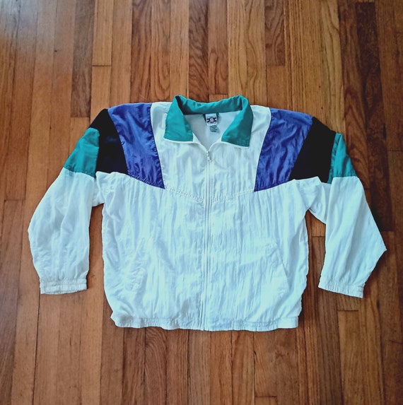 Vintage White Purple Teal Colorblock Zip up Windbreaker Size Medium by Pro Spirit Unisex Shoulder Pads Etsy UK