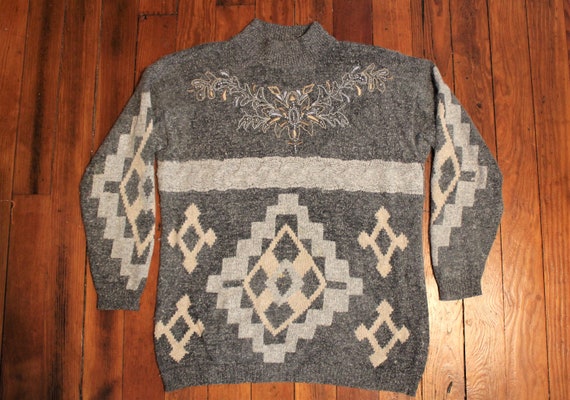 Vintage Knit Gray Earth Tone Pullover Sweater wit… - image 1