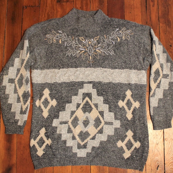 Vintage Knit Gray Earth Tone Pullover Sweater with Triangle Design in Beige and Light Grey by Santoria size medium Assembled in Hong Kong