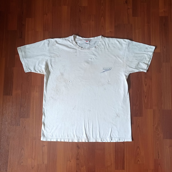 Vintage Thrashed White 1997 Single Stitched Speedo Tee Shirt with Back Print size Large Has Stains and Tears