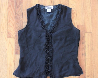 Vintage Black Sleeveless Button Down 100% Silk Blouse with Ruffled Trim size 6 by Robbie Bee