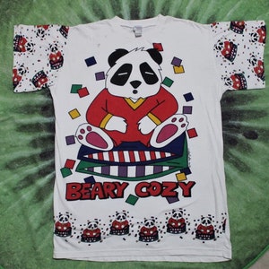 Vintage Panda Bär Beary Gemütliche Nacht Schlaf Shirt mit Ärmel Print Einheitsgröße 1995 Kaycee Designs