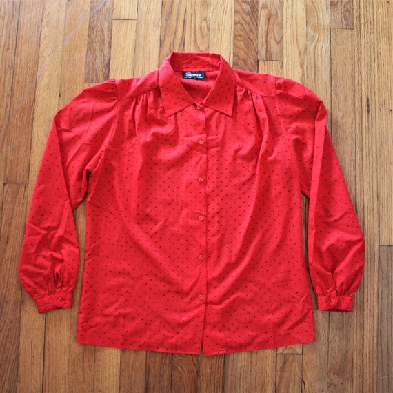 Vintage Red with Black Polka Dots Flowy Polyester… - image 1