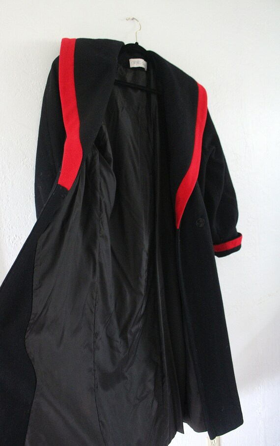 Vintage black red trim long wool designer coat by… - image 2