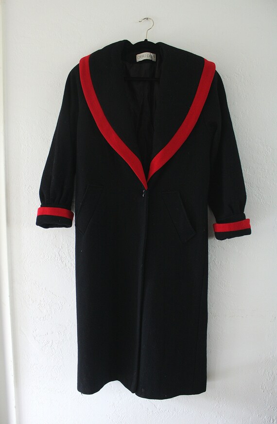 Vintage black red trim long wool designer coat by… - image 3