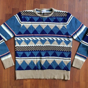 Vintage Crazy Diamond and Striped Pullover Sweater in Blue Tan Brown by Jeans West