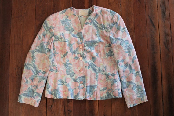 Vintage 80s 90s Pastel Pink Floral Blazer Pink Bu… - image 1