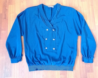 Vintage Blue Long Sleeve Collared Blouse with Gold Buttons and Elastic Waist and Panels by Robbie Sport made in USA