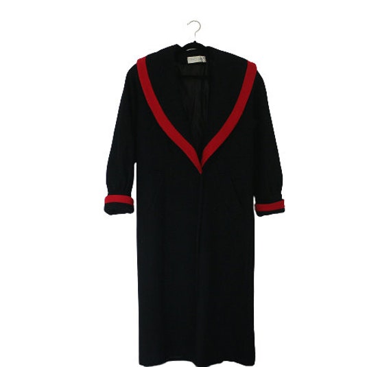 Vintage black red trim long wool designer coat by… - image 1