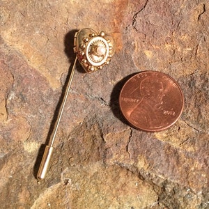 1970s Victorian Revival Stick Pin Heart Locket Gold Tone & Faux Pearl