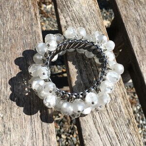 1980s Stainless Steel Wristwatch Stretch Bracelet with White Beads Vintage Bridesmaid Gifts