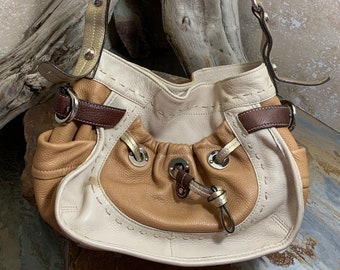 Deadstock B Makowsky Ivory, Tan, Chocolate Brown & Gold Leather Hobo Bag Multicolor Leather Hobo Shoulder Bag Purse
