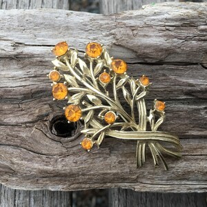 1940s Gold tone Yellow Rhinestone Floral Brooch Mothers Day Bridesmaid Gift