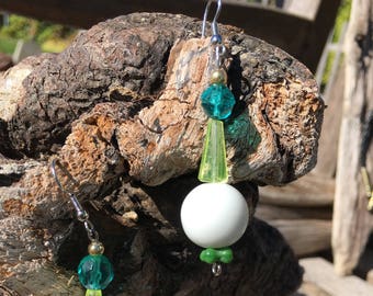 1990s Blue, green & white glass drop pierced earrings Bridesmaid Gift