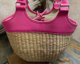 Vintage Banana Republic Pink Vinyl & Woven Straw Small Bucket Bag Purse Summer Handbag Tote Rare