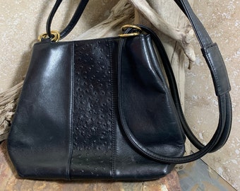 Vintage Giani Bernini Black Leather & Ostrich Shoulder Bag