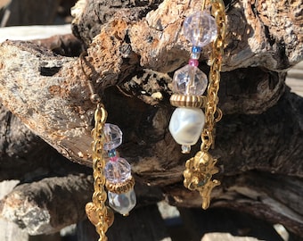 1990s Gold tone faux pearls crystals, chain and angels pierced earrings Bridesmaid Gift