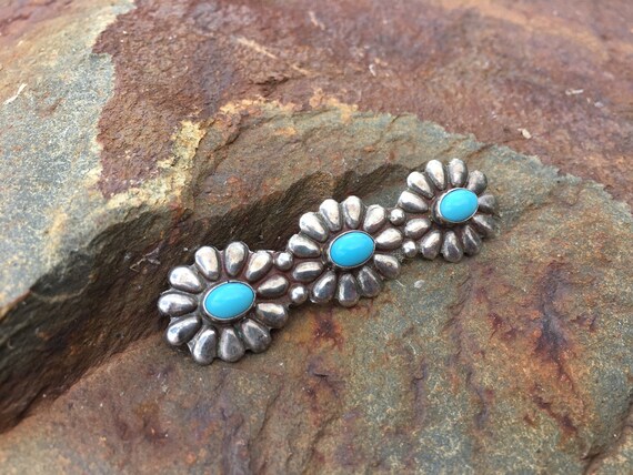 Sterling Silver Southwestern 3 Flower Turquoise B… - image 1