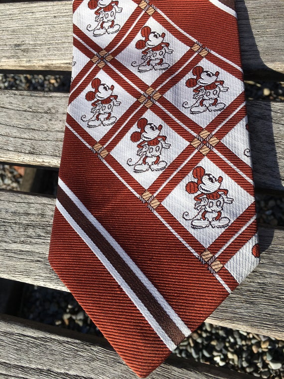 1970s Mickey Mouse Cervantes Qiana Nylon Brown Plaid Tie Vintage Groomsman gift