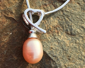 1990s Freshwater Cultured Pearl & Heart Lariat Sterling Silver Necklace Anniversary Gift