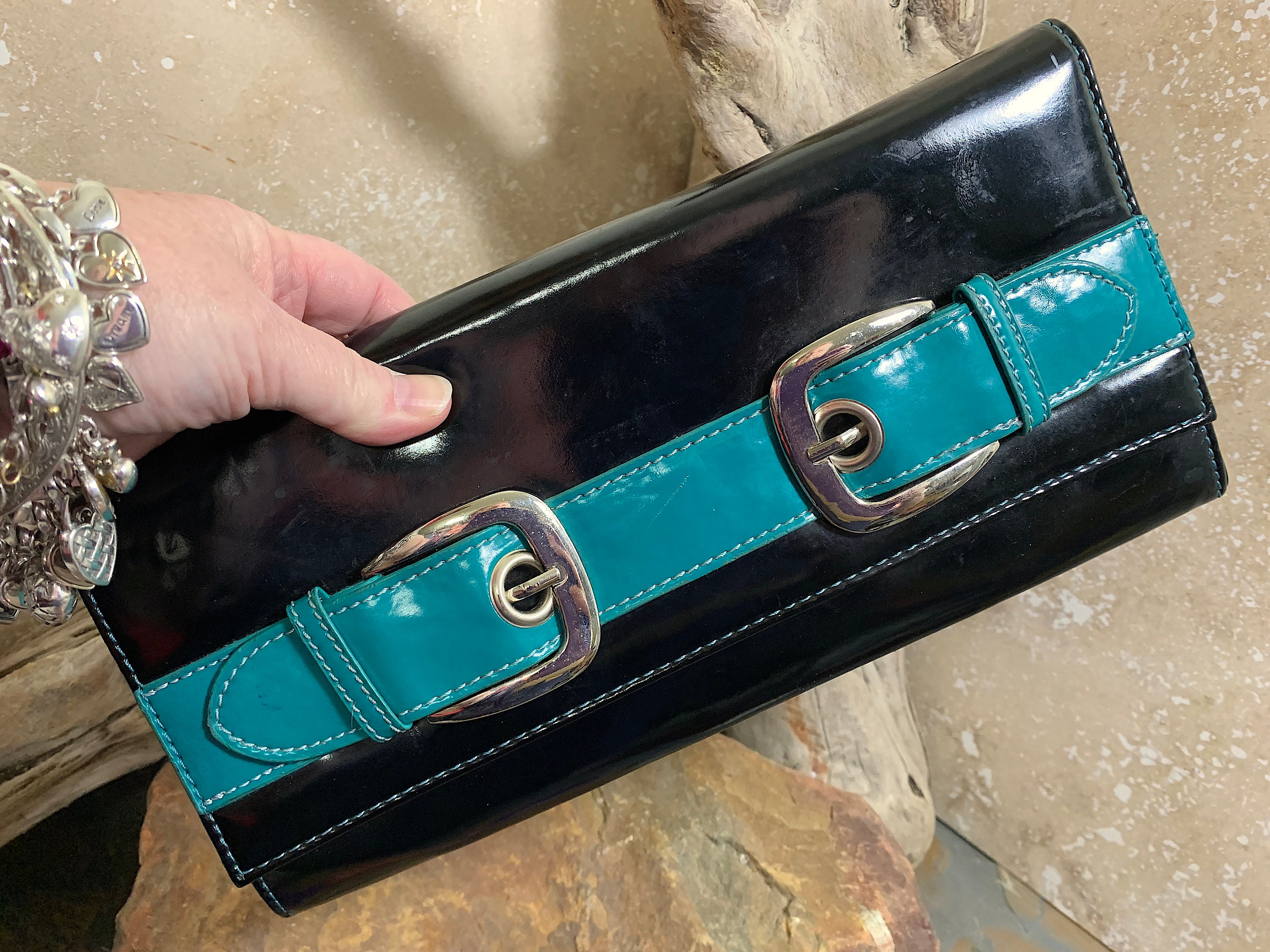 1980s Candies Black & Teal Patent Leather Clutch Purse with Silver Tone Buckles with Original Tags Prom Formal Wedding