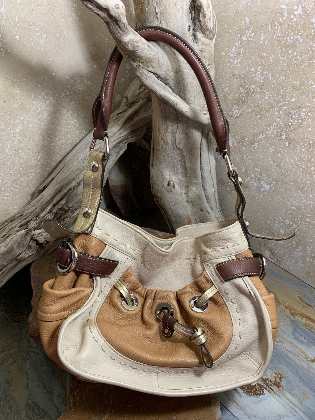 Deadstock B Makowsky Ivory, Tan, Chocolate Brown Gold Leather Hobo Bag  Multicolor Leather Hobo Shoulder Bag Purse