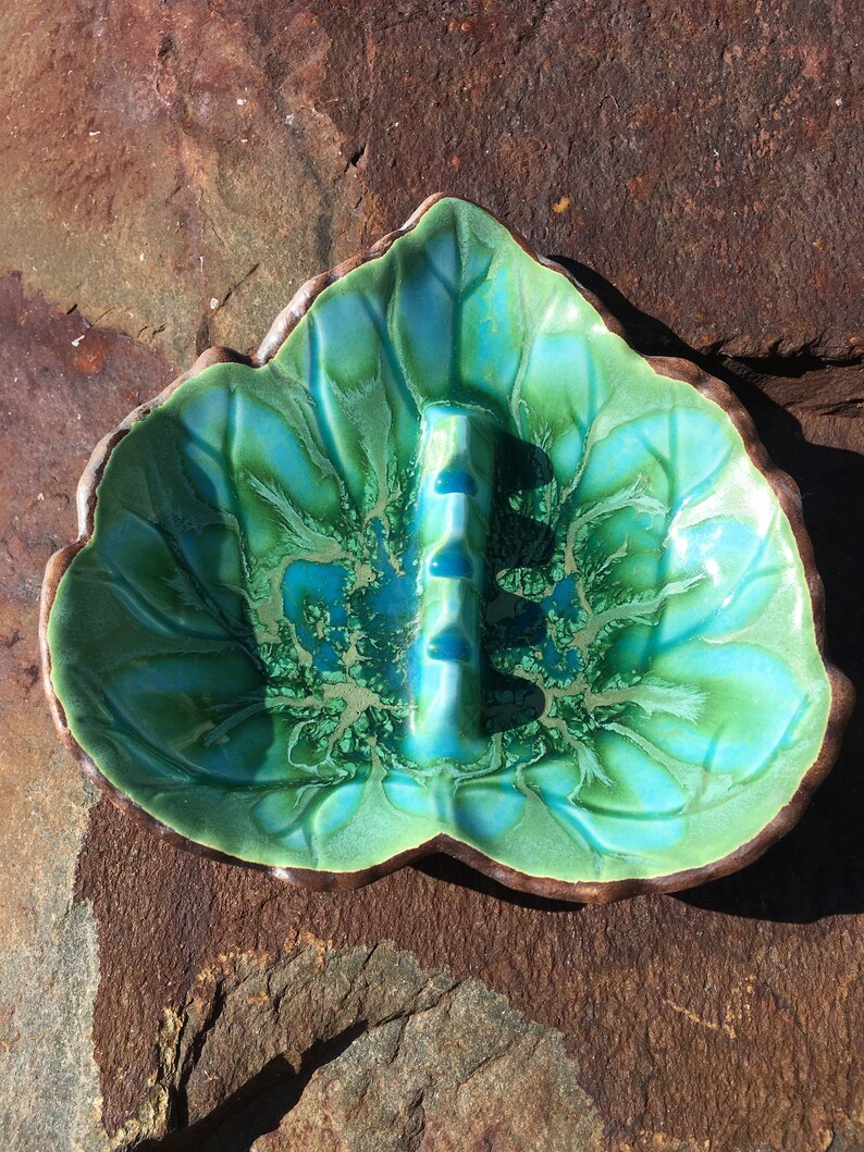 1963 Treasure Craft Leaf Ashtray Blue and Green Glaze USA NO Etsy
