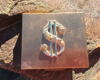 1950s Brass Purse Petty Cash Box Rhinestone Dollar Sign Money Giftbox