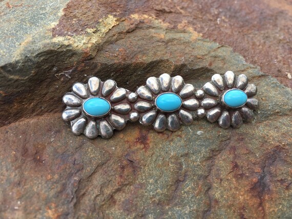 Sterling Silver Southwestern 3 Flower Turquoise B… - image 3