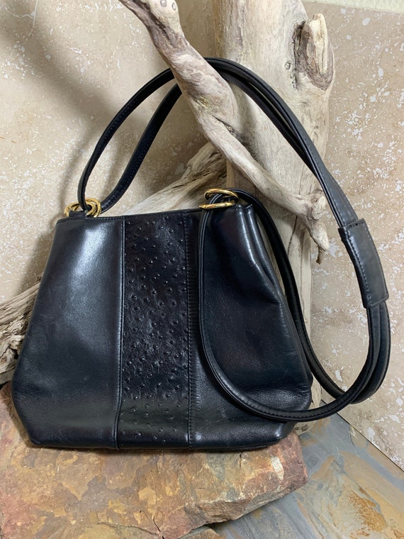 Vintage Giani Bernini Black Leather & Ostrich Shoulder Bag 