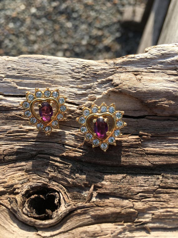 1980s Gold Tone Rhinestone Hearts with Red stone … - image 2