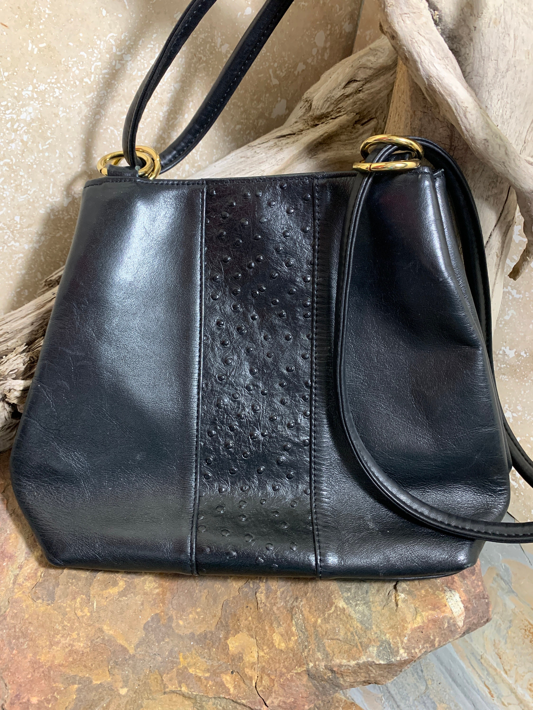 Vintage Giani Bernini Black Leather & Ostrich Shoulder Bag - Etsy 日本