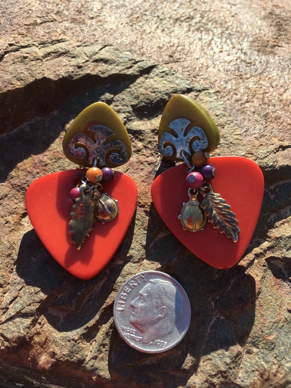 1990s Avocado and Orange Pierced Dangle Earrings … - image 2